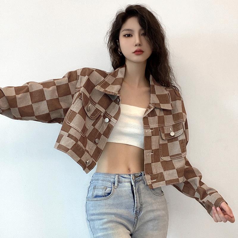 jaket korean style wanita retro plaid denim jacket women s high waist jacket loose short top