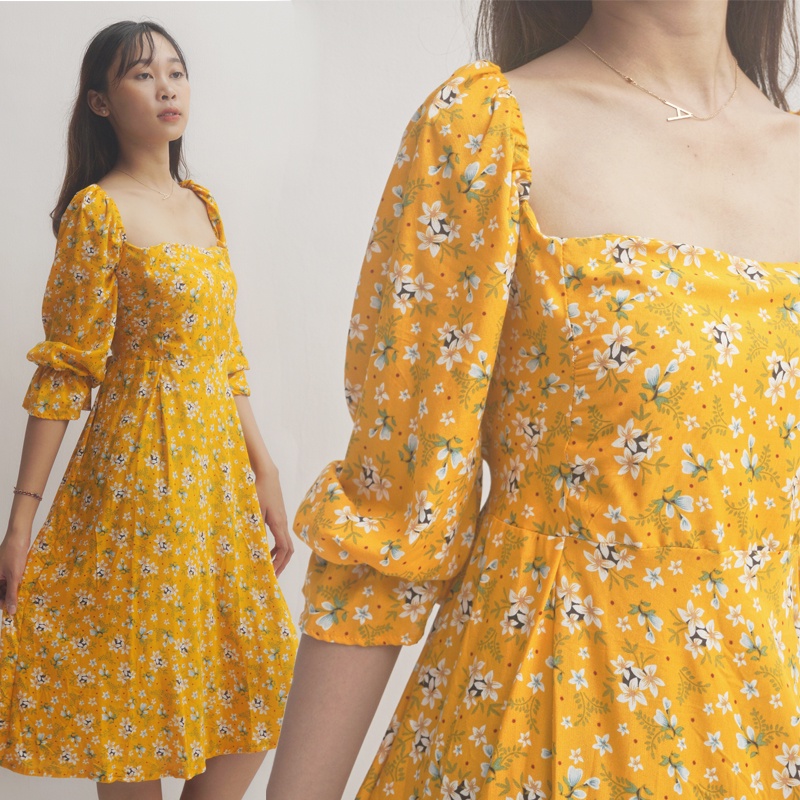 Dress Korea Wanita Kondangan Dres Motif Bunga Model Sabrina Warna Yellow Kuning Korean Style Untuk P