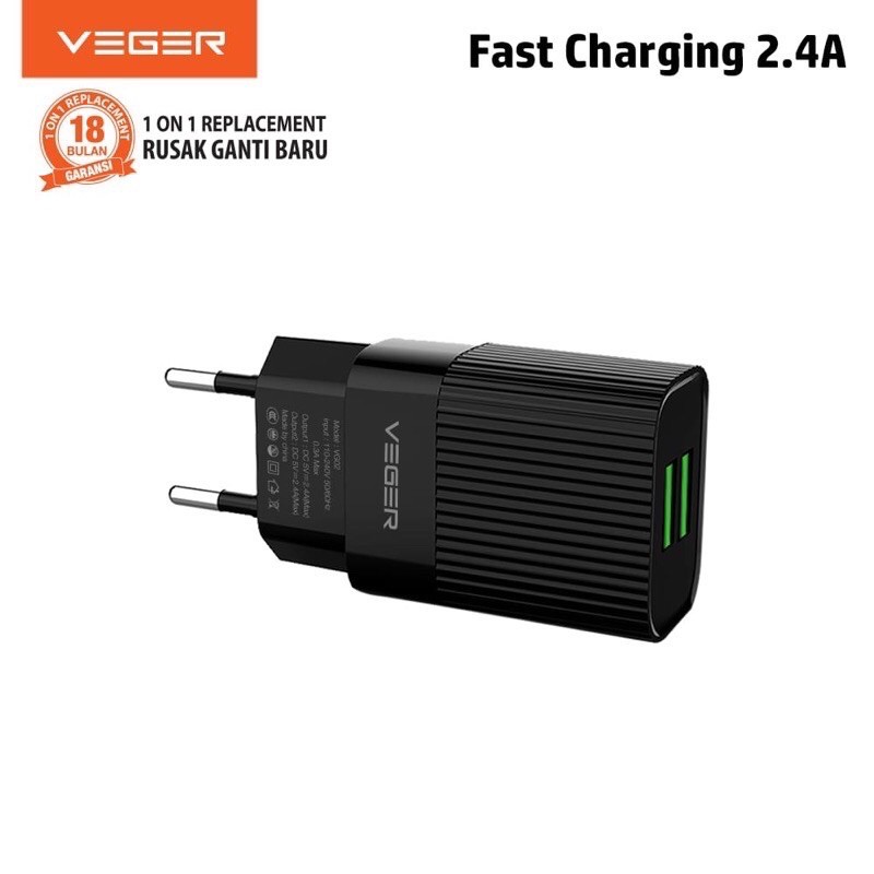 Charger VEGER dual output VG02 fast charging 2.4a / batok charger VEGER 2.4a 2output