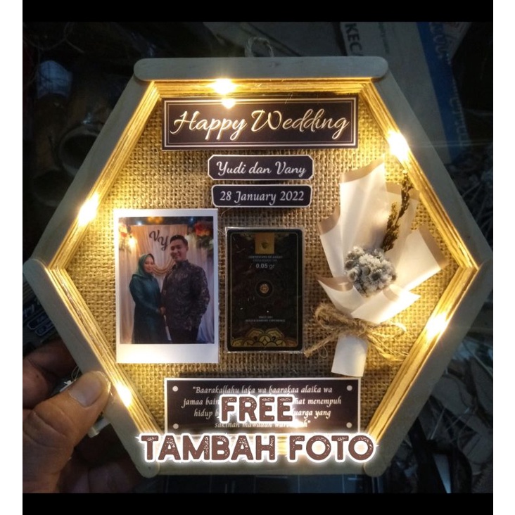 Mini Gold 0,025gr, 0,05gr, 0,1gr in Hexa Frame (Free Giftbox Rustic)| Mini Gold in Frame | Kado Pernikahan, Kado Ulang Tahun, Wisuda, Anniversary, dll. kekinian bingkai hexagonal stik es krim-3