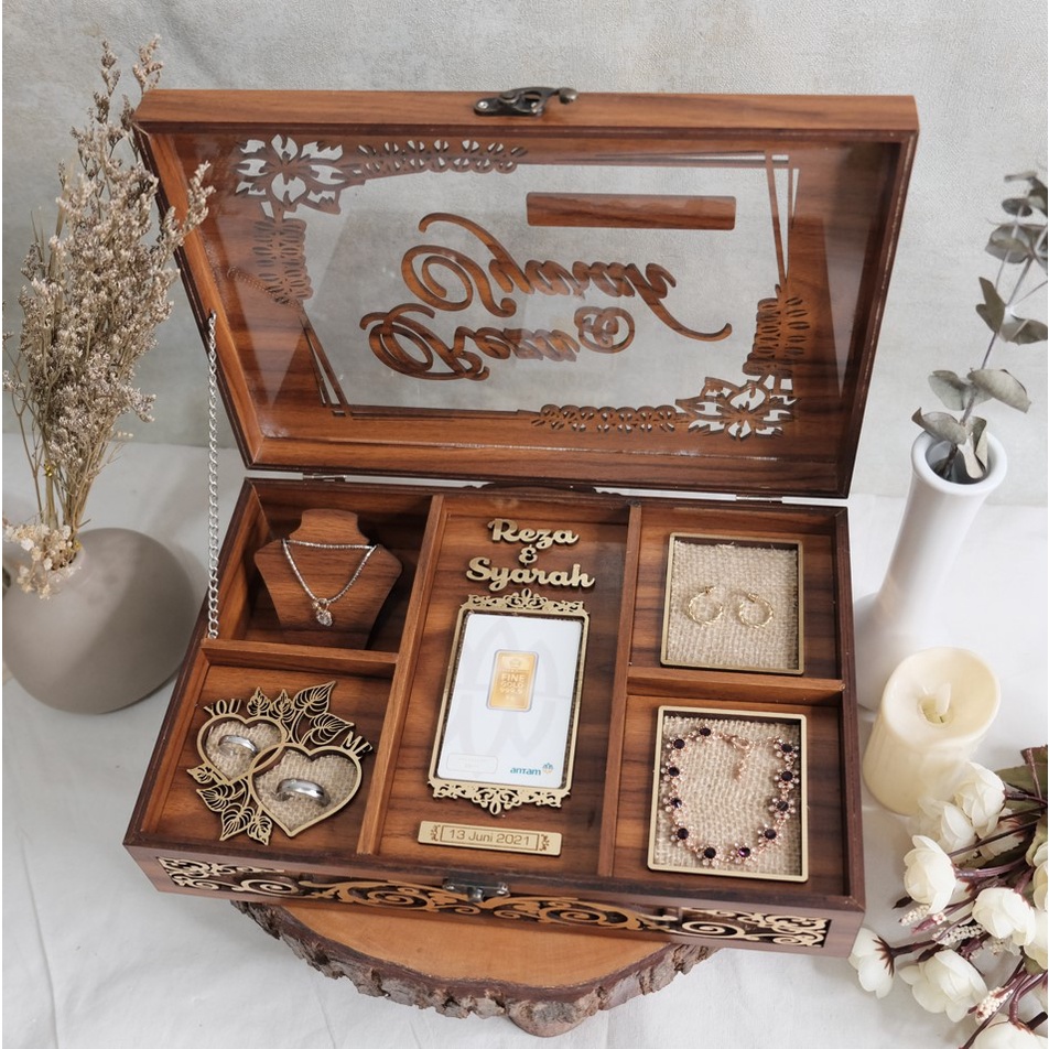 [Size XL] Custom Wooden Mahar Box Kotak Mahar Hantaran Perhiasan Emas by Lasercreative