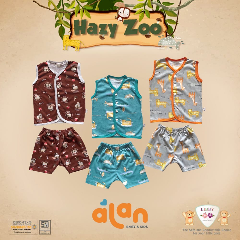 Libby Stelan Baju Singlet Kancing Depan &amp; Celana Pendek Hazy Zoo Series - Stelan Baju Bayi isi 3