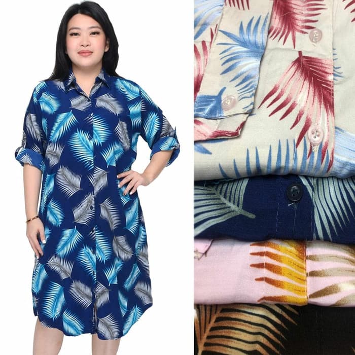 Kemeja Tunik Wanita Terlaris Jumbo Wolfis Daun LD 118 cm Fit to XXL