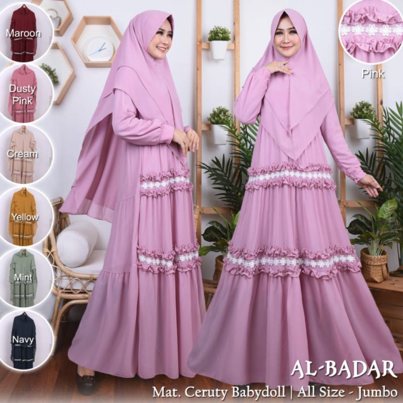 GAMIS SYAR'I CERUTY BABYDOLL MIX RENDA MELATI,DRESS SYAR'I CERUTY BUSUI MIX RENDA MELATI BY AL BADAR