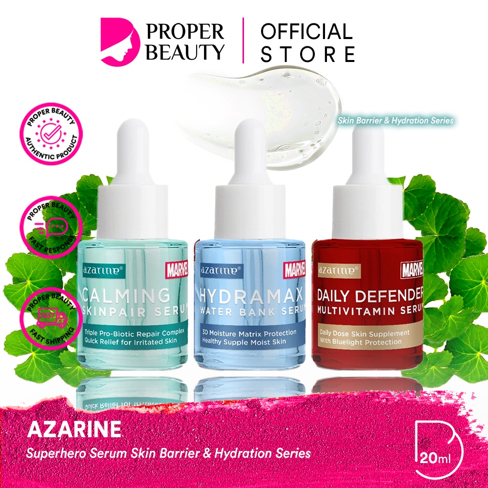 AZARINE Superhero Serum Skin Barrier &amp; Hydration Series Indonesia / Daily Defender Multivitamin Hydramax Water Bank Calming Skinpair 20ml / Pelembab Wajah / Skincare Face Care Facial Wash Toner Essence Mist Day Eye Cream Sunscreen Mask Moisturizer / Paket