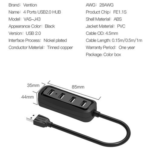 PORT USB 2.0 VENTION 4 IN 1 HUB 1M/VAS-J43-B100