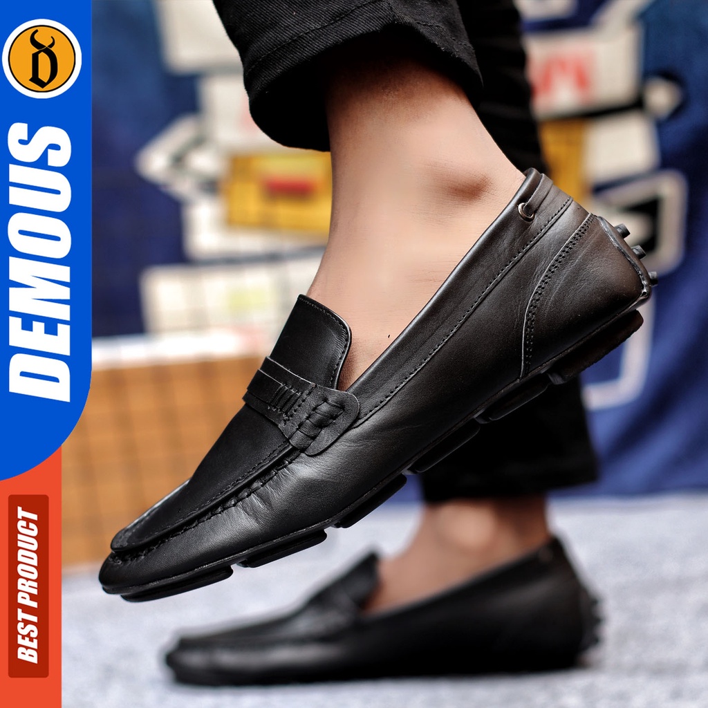 Sepatu Slip On Pria Sepatu Casual Pria Kulit Asli Kerja Kantor Kuliah Kondangan Sepatu Slop Pria Sepatu Hitam Pria DEMOUS VOXY