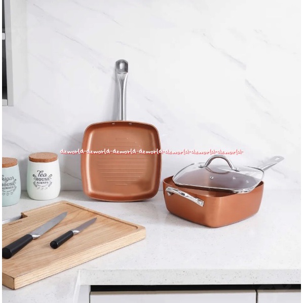 Culinart Ceramic Square Cookware 3pcs Panci Wajan Dengan Tangkai Warna Gold Tembaga Kuning Culin Art