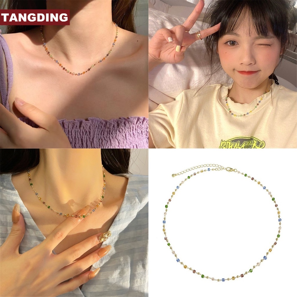 【COD Tangding】Kalung Choker Rantai Klavikula Manik-Manik Kristal Warna-Warni Untuk Wanita