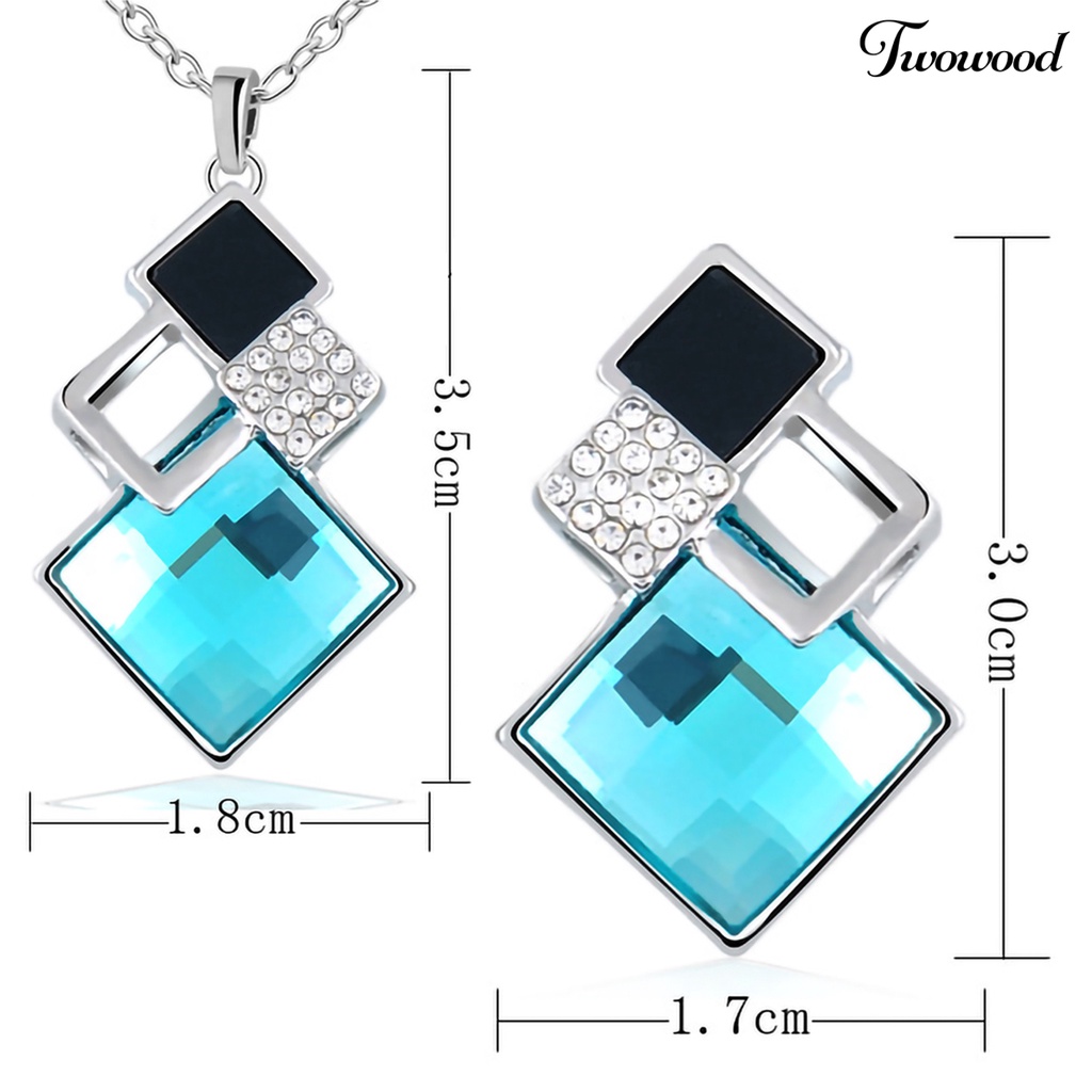 Twowood 2Pcs/Set Geometric Pendant Necklace Earrings Set Faux Crystal Alloy Shiny Bridal Stud Earrings Necklace Set Jewelry Accessory