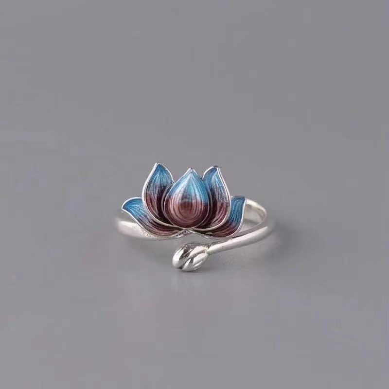 Cincin Model Terbuka Dapat Disesuaikan Desain lotus Warna Biru Gradasi Untuk Pria Dan Wanita