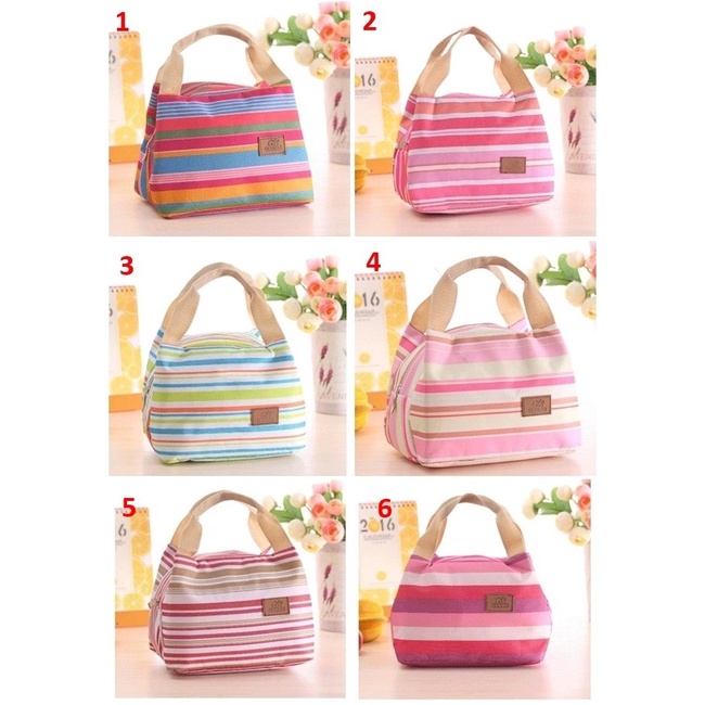 Promo Terbaru!!!  Tas Bekal Lapis Aluminium Tahan Panas Dingin Lunch Cooler Bag Salur Motif Garis Berkualita