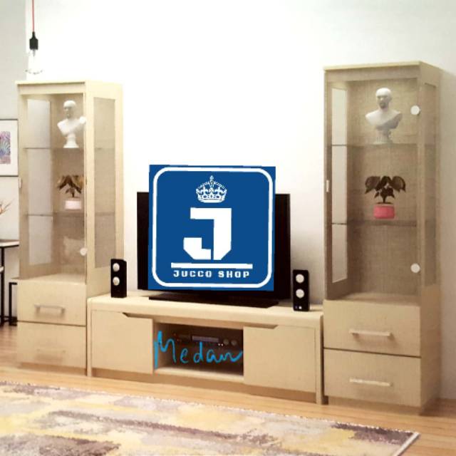 Lemari Hias Expo Medan - Buffet TV Minimalis Muat TV 42inci - Lemari Kaca Berlampu VR1401