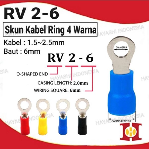 Terminal Kabel Sekun Cable Skun Ring O Bulat Cable Lug Isolasi RV 2-6 (100pcs)