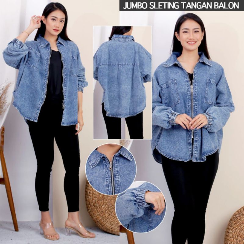 MDLV ~ Jaket Jeans Jumbo Sleting Tangan Balon Premium Jaket Jeans Import Good Quality Women Jeans Jaket Fashion Import