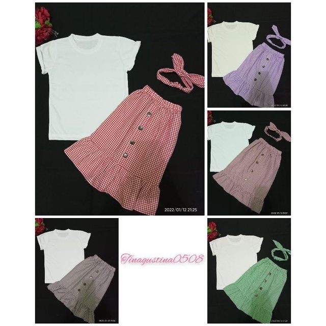 3in1 rok rempel motif kotak anak+atasan polos+ bando