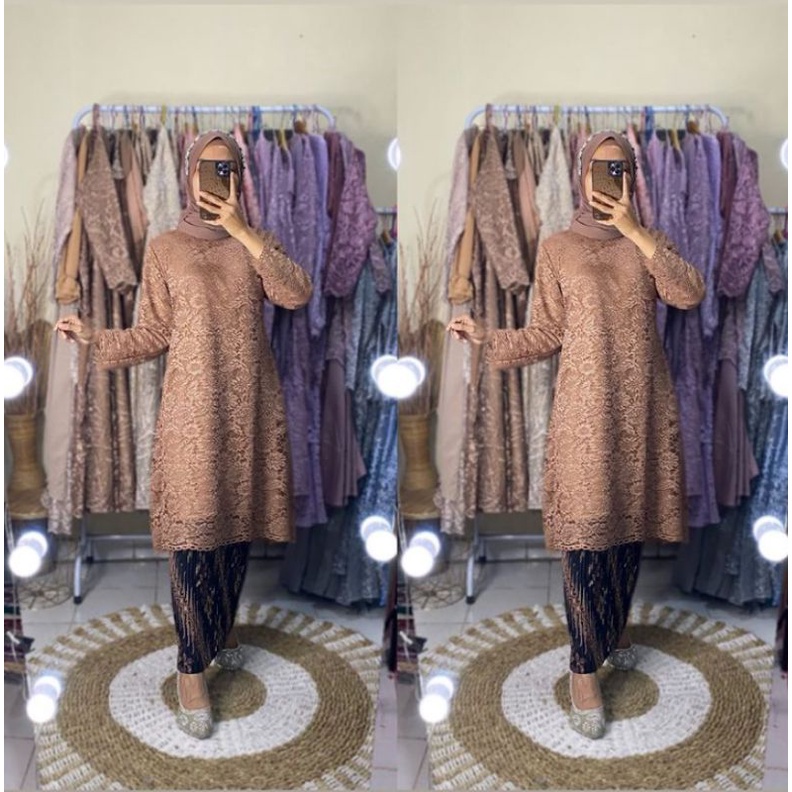kebaya tunik brukat tile setelan rok plisket batik