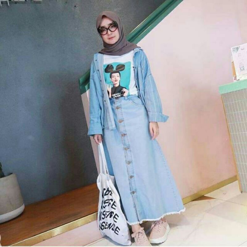 Rok button skirt jeans putih panjang kancing Rok jins denim span knitted hitam Rok wanita-ROK ICEBLUE