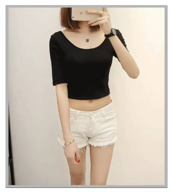 Casual Plain Short Sleeve Crop Top Kaos Wanita 1022 (Size XS-XL)