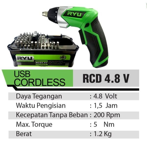 RYU Mesin bor baterai SERBAGUNA Srewdriver variable mata bor RYU USB CORDLESS RCD 4.8V Cordless Screwdriver 4.8 V / Mesin Bor Cordless Mini Set / Bor mini / Screwdriver BOR Baterai 12V