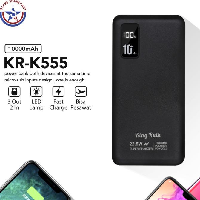 Power Bank 10000mAh 37Wh LED PD/QC 3.0 Fast Charge 22.5W KingRuth K555 - Hitam, K555