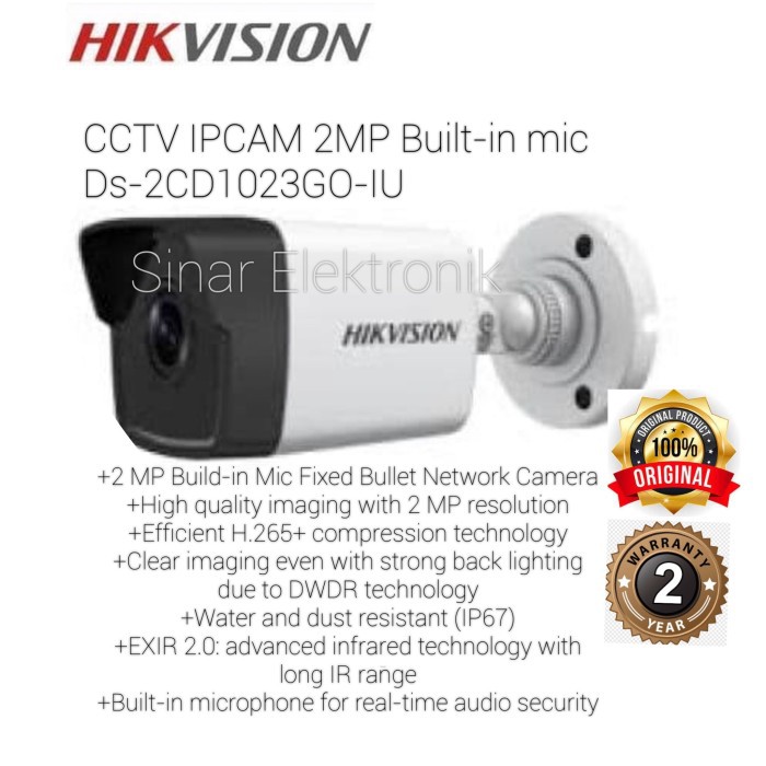 DS-2CD1023G0-IU Hikvision IP Camera CCTV Outdoor 2MP Audio Mic POE WDR