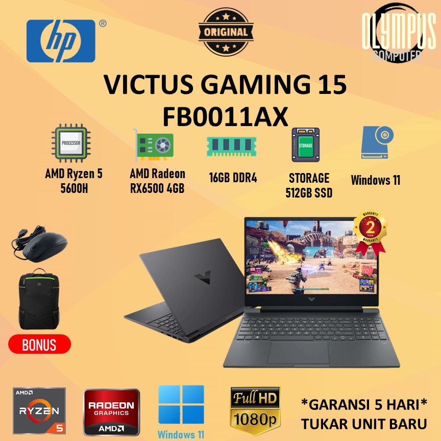 Laptop Hp Victus Gaming 15 FB0011AX Ryzen 5 5600H 16GB 512SSD Radeon RX6500 W11+OHS 15.6FHD