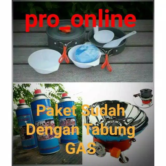 Paket Hemat Alat Masak Camping Komplit Cooking Set DS200 Plus Kompor K203 dan Gas portabel