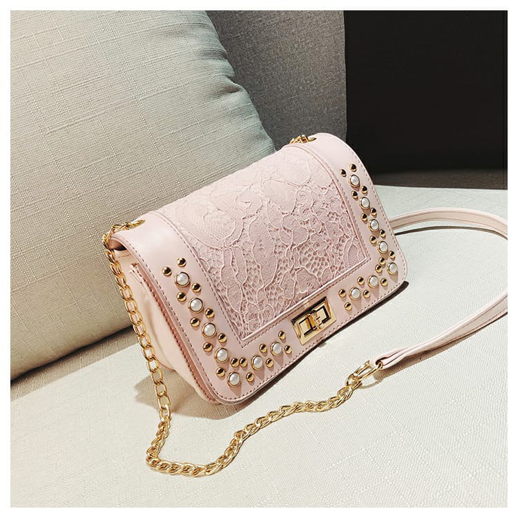 TAS PESTA KULIT PINK MUTIARA TA111P3 RENDA IMPORT BRANDED KOREA SELEMPANG WANITA RANTAI ABG QUERRE