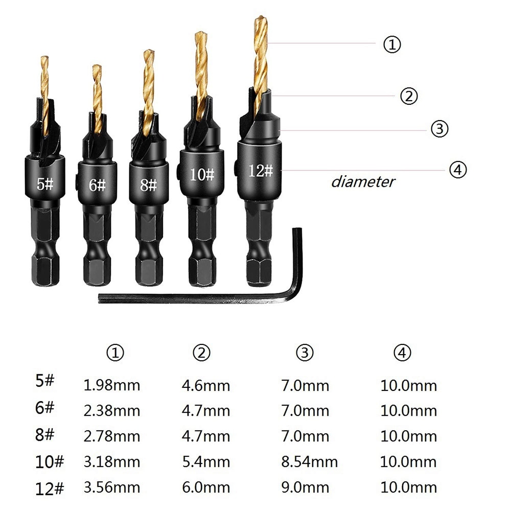 TAFFWARE-Vastar Mata Bor Drill Bit Countersink HSS 1.98-3.56mm 5 PCS-SVVDB26