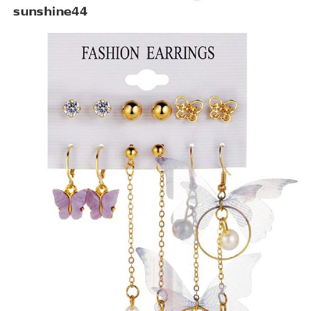 Sunshine 6 Pasang / Set Anting Tusuk Bentuk Kupu-Kupu Emas Gaya Korea Untuk Wanita