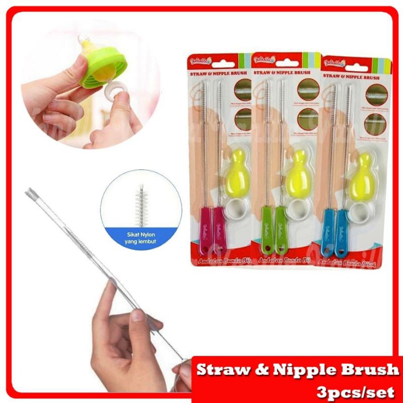 2 Straw &amp; 1 Nipple Brush/Sikat sedotan Stainless Steel dan Spon Pembersih DOT RSB 7810