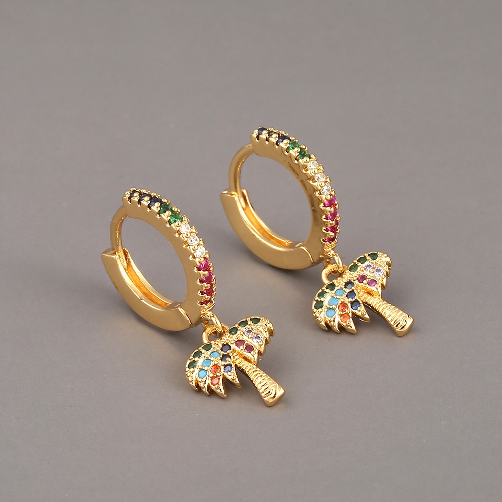 Ornamen diamond stud anting-anting ethnic style kelapa pohon anting-anting telinga klip