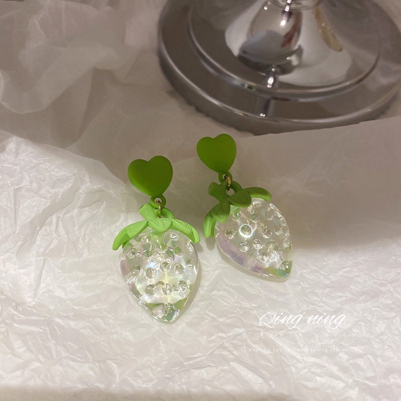 Korea 925 Silver Fashion Exaggerated Personality Green Love Strawberry Fresh and Sweet Earrings