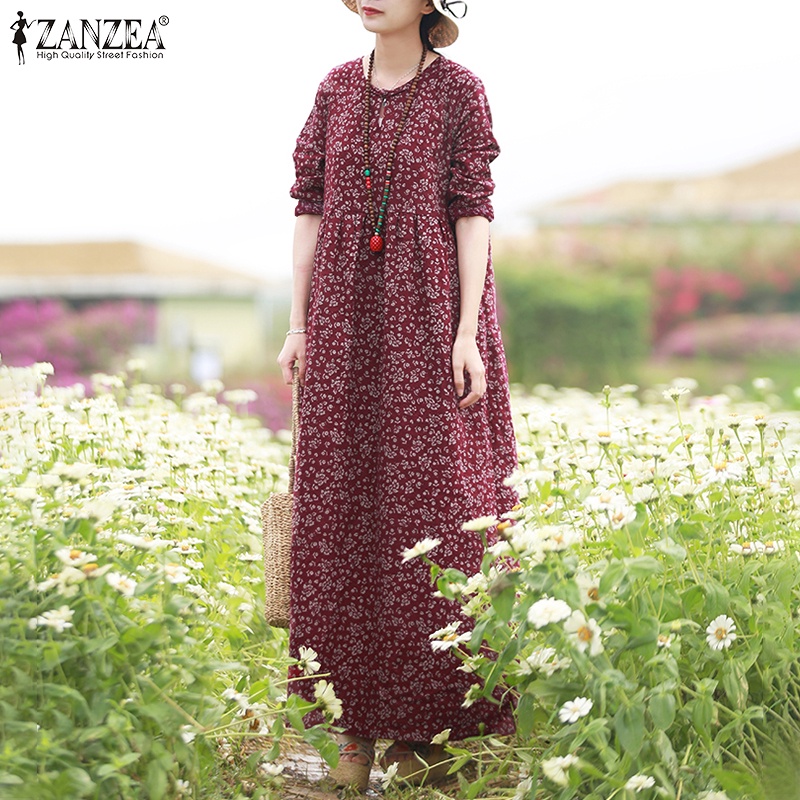 ZANZEA Women Long Sleeve Floral Printed Vintage Crew Neck Maxi Dress