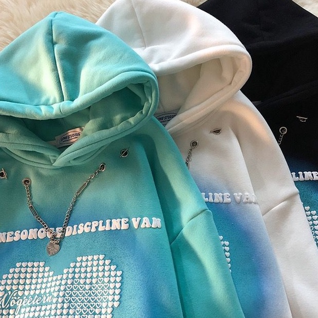 [littlecrab] Hoodie Oversize Love Square Discpline Van With Additional Chain Hoodie Unik Swag Berkelas Hoodie Oversize Couple Unisex Hoodie Rantai Keren Street Style Disco Ombre Green Colour Korean Style