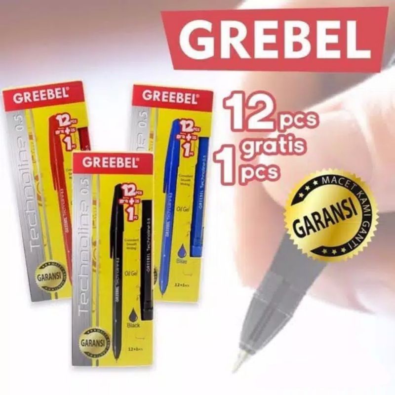 

Pena Ballpoint/ Pulpen Greebel Technoline 0.5mm Hitam/ Biru/ Merah (12+1pcs)