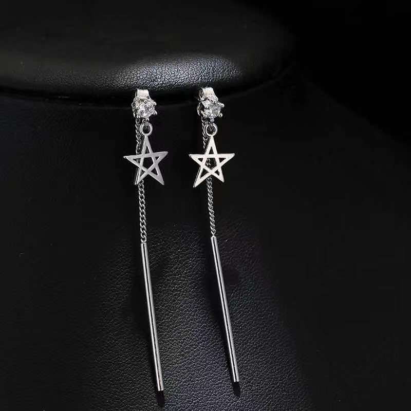 S925 sterling silver anting-anting anting-anting gaya Korea pentagram zirkon menjuntai anting-anting