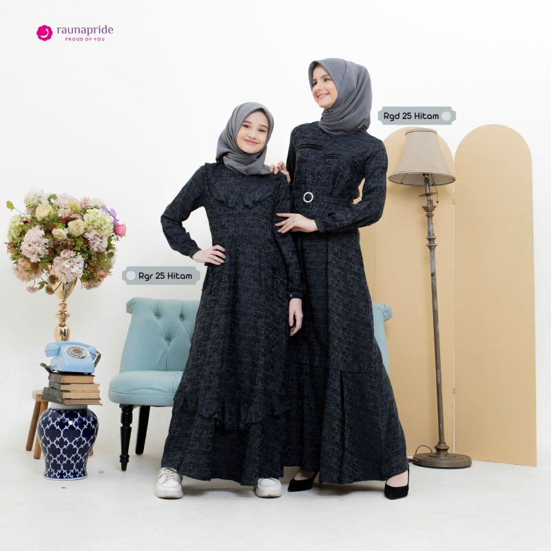 Gamis Couple RGD 25 Hitam by Rauna|Gamis Couple Putih|Dress Couple Ibu dan Anak|Dress Syari|Dress Re