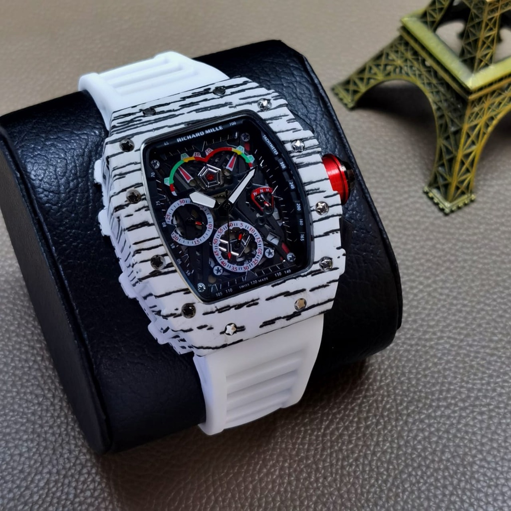 JAM TANGAN PRIA KEREN RM ANALOG CHRONOGRAPH STRAP RUBBER BODY PUTIH