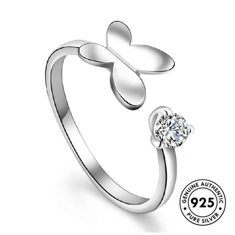 Cincin Desain Kupu-Kupu Aksen Berlian Bahan S925 Silver