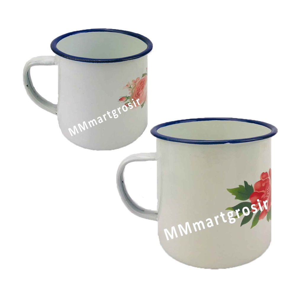 Mug Enamel + Tutup / Cangkir Seng Jadul / Cangkir Motif Bunga / Mug Bermotif