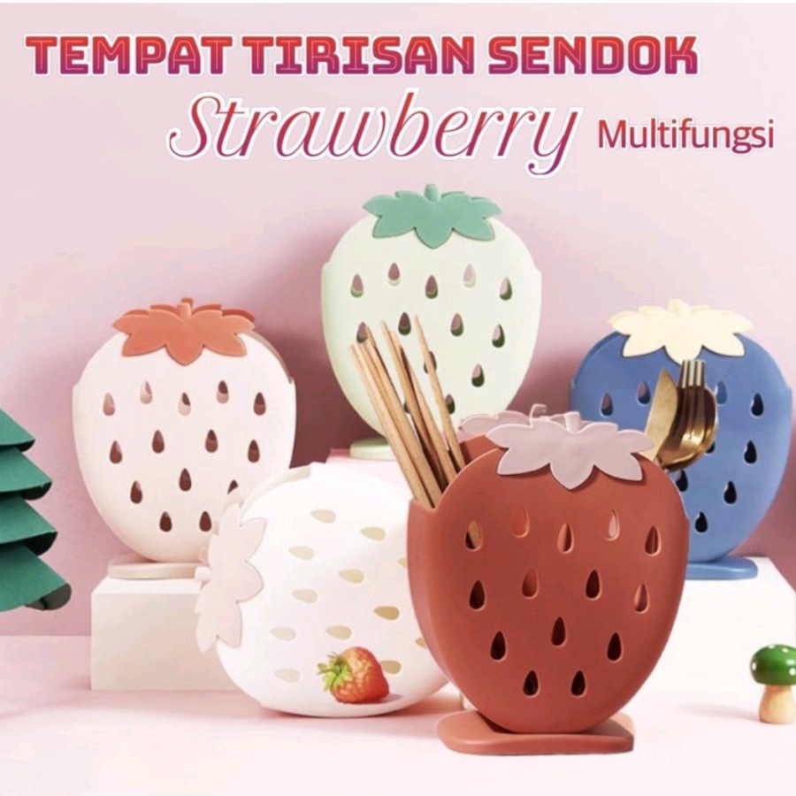 EM Tempat sendok garpu motif strawberry SERBAGUNA