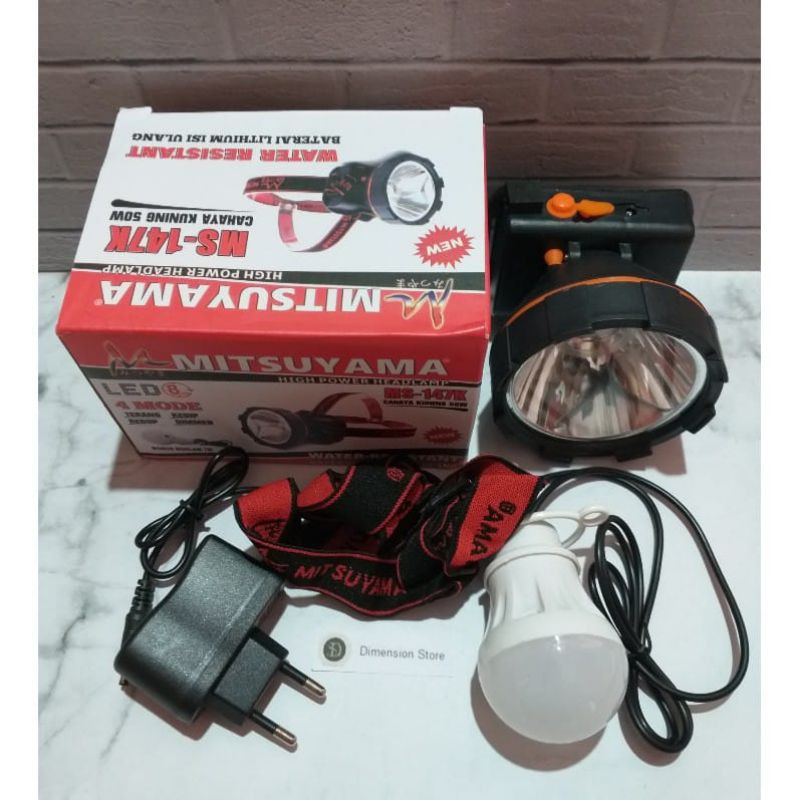 Senter Kepala Charge Super Terang 50Watt Mitsuyama MS-147P dan MS-147K Cahaya Putih / Kuning Free Bohlam