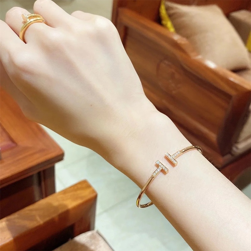 Gelang Mode Klasik/T Ganda Huruf Hias Berlian Imitasi Pembukaan Bangle