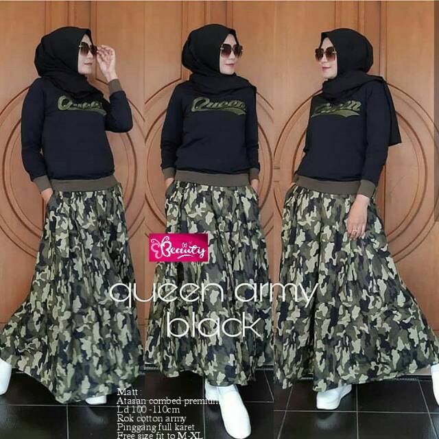 Jumpsuit Queen Motif Army Hitam Atasan Combed Premium Rok Cotton Super Ori Beauty