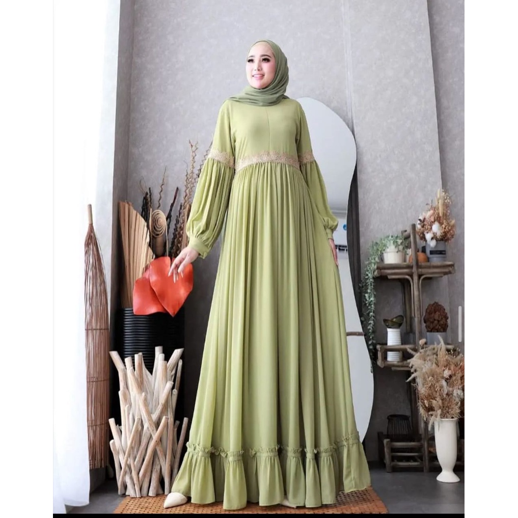 GAMIS WANITA WULAN DRESS BO CERUTY BABYDOLL FULL PURING APLIKASI RENDA LD 100 cm PB 130 cm ZIPPER DEPAN GAMIS CERUTY WNAITA TERBARU 2023 KEKINIAN / DRESS WANITA JUMBO / MAXY DRESS BUSUI / FASHION WANITA MUSLIM MODERN / PAKAIAN WANITA BAJU MUSLIM WANITA