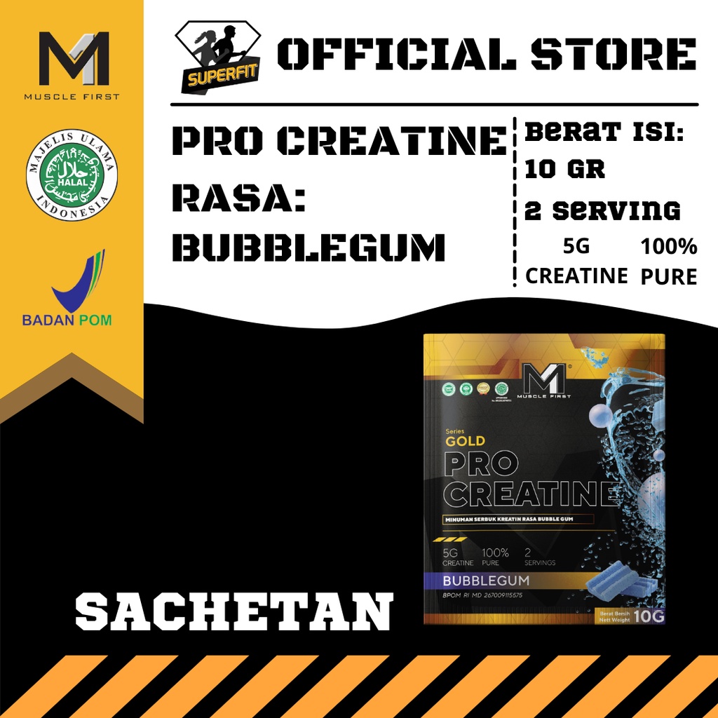 M1 Pro Creatine Per 1 Sachet (6 Gr) Rasa BubbleGum Bubble Gum Tropical Fruit Muscle First BPOM & HAL