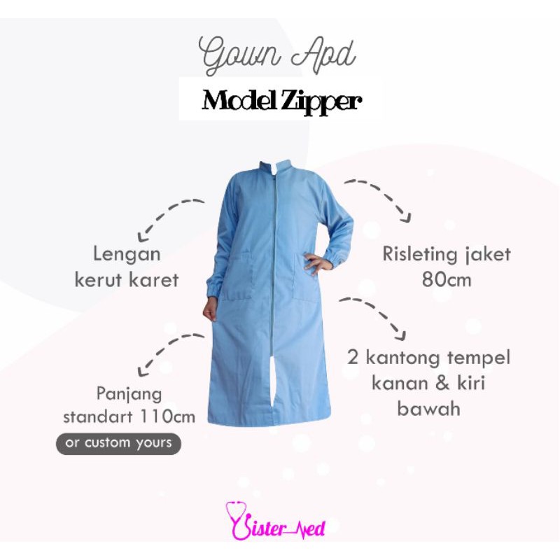 PO 2 Hari Gown APD Dokter/ Perawat/ Bidan Model Zipper