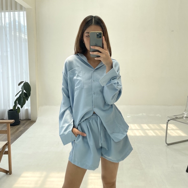 BLANC SET | Set Kemeja Wanita Panjang Setelan Celana Pendek Highwaist Short Oversized Korean Outer Shirt